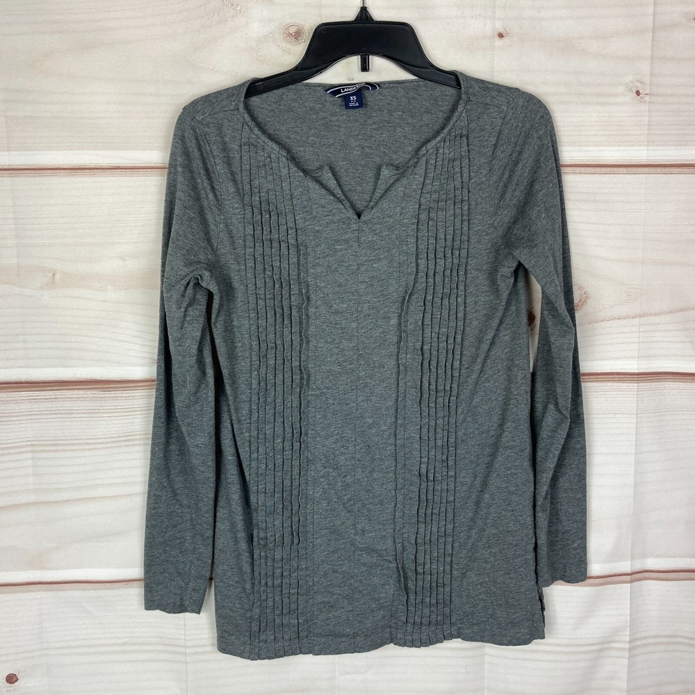 Lands End Top Womens XS Pleated Long Sleeve Split Neck Gray Cotton Knit Pullover